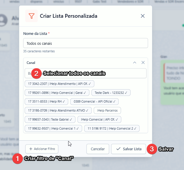 Tela do iHelp: Buscar chats em massa